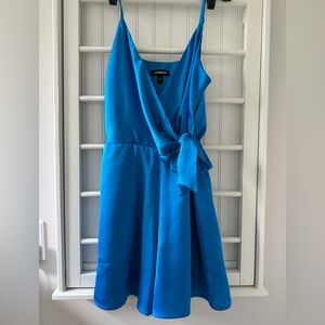 Express Satin Faux Wrap Tie Waist Romper Small Blue Aster Teal